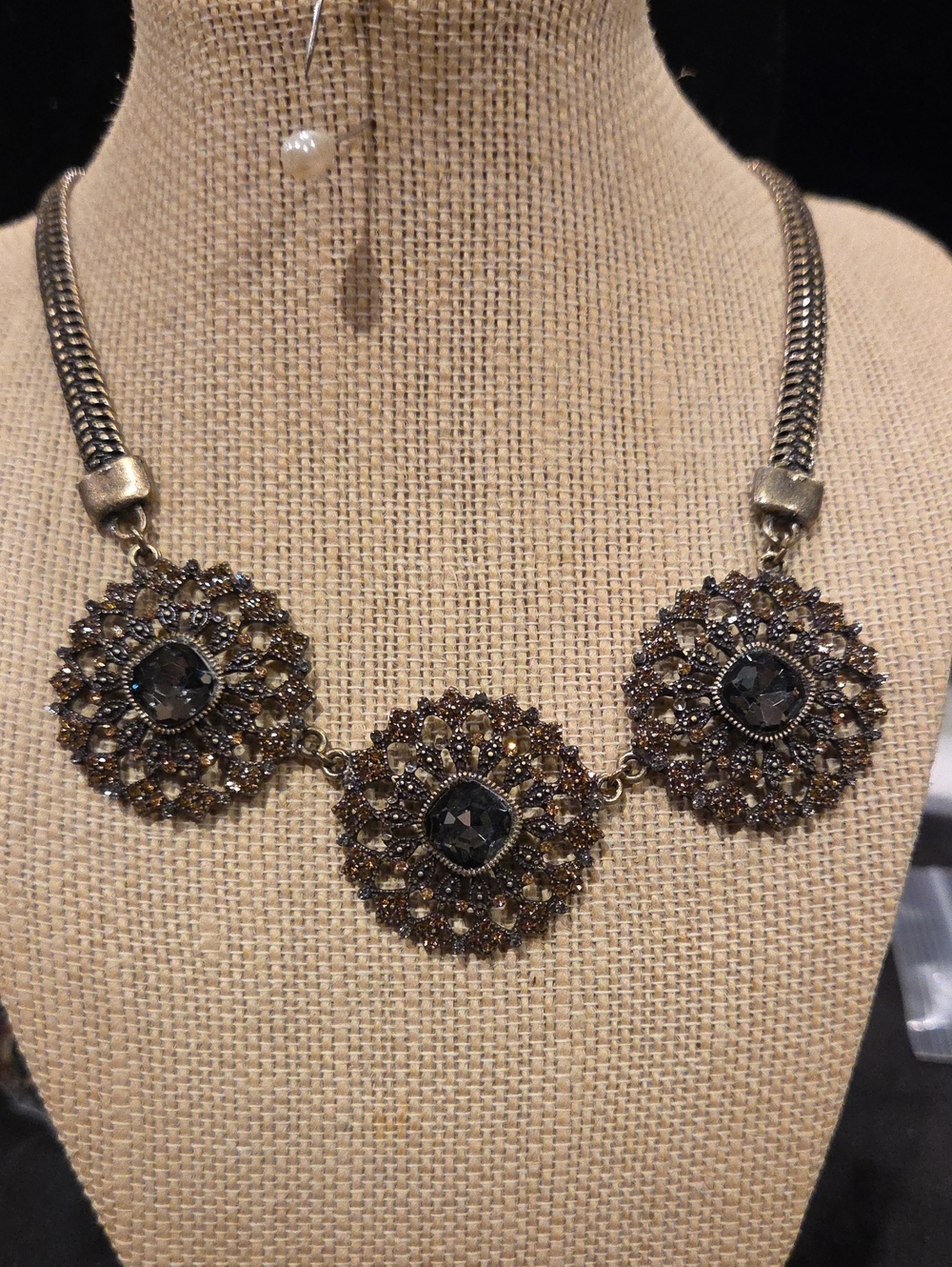 Vintage-Inspired Triple Medallion Statement Necklace - Black and Gold